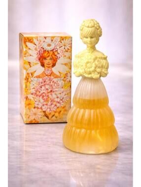 Avon 1970s Garden Girl Sweet Honesty Cologne Figural Bottle With Box, 3x6.25”